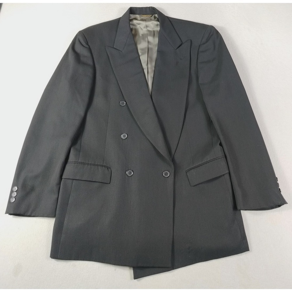 Vintage Man In Wool Suit Jacket Mens 46R Black Double‎ Breasted Wool USA 80s